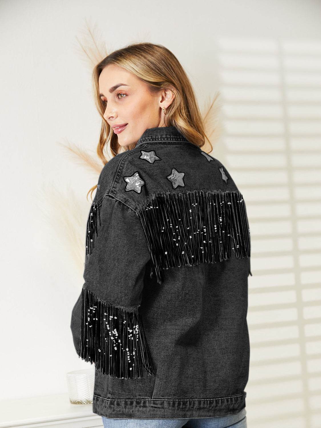 Fringe Detail Long Sleeve Denim Jacket - Delanoir
