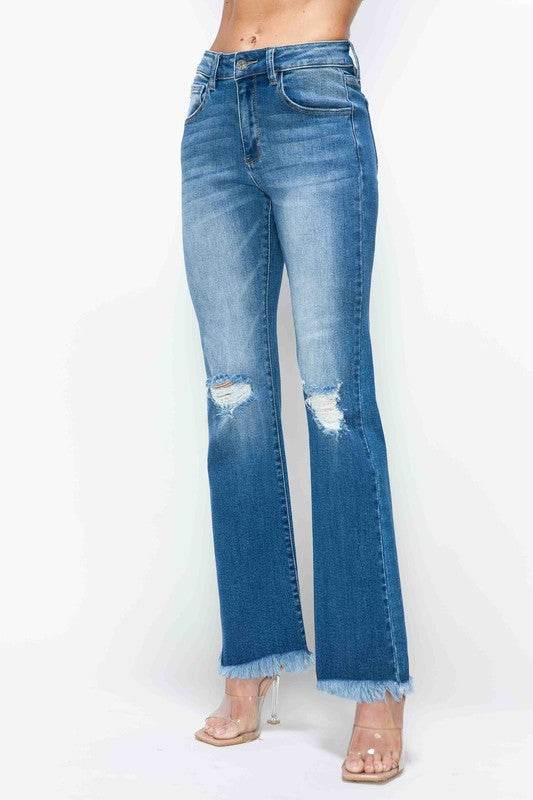 bytos Full Size Raw Hem Distressed High Rise Bootcut Jeans - Delanoir
