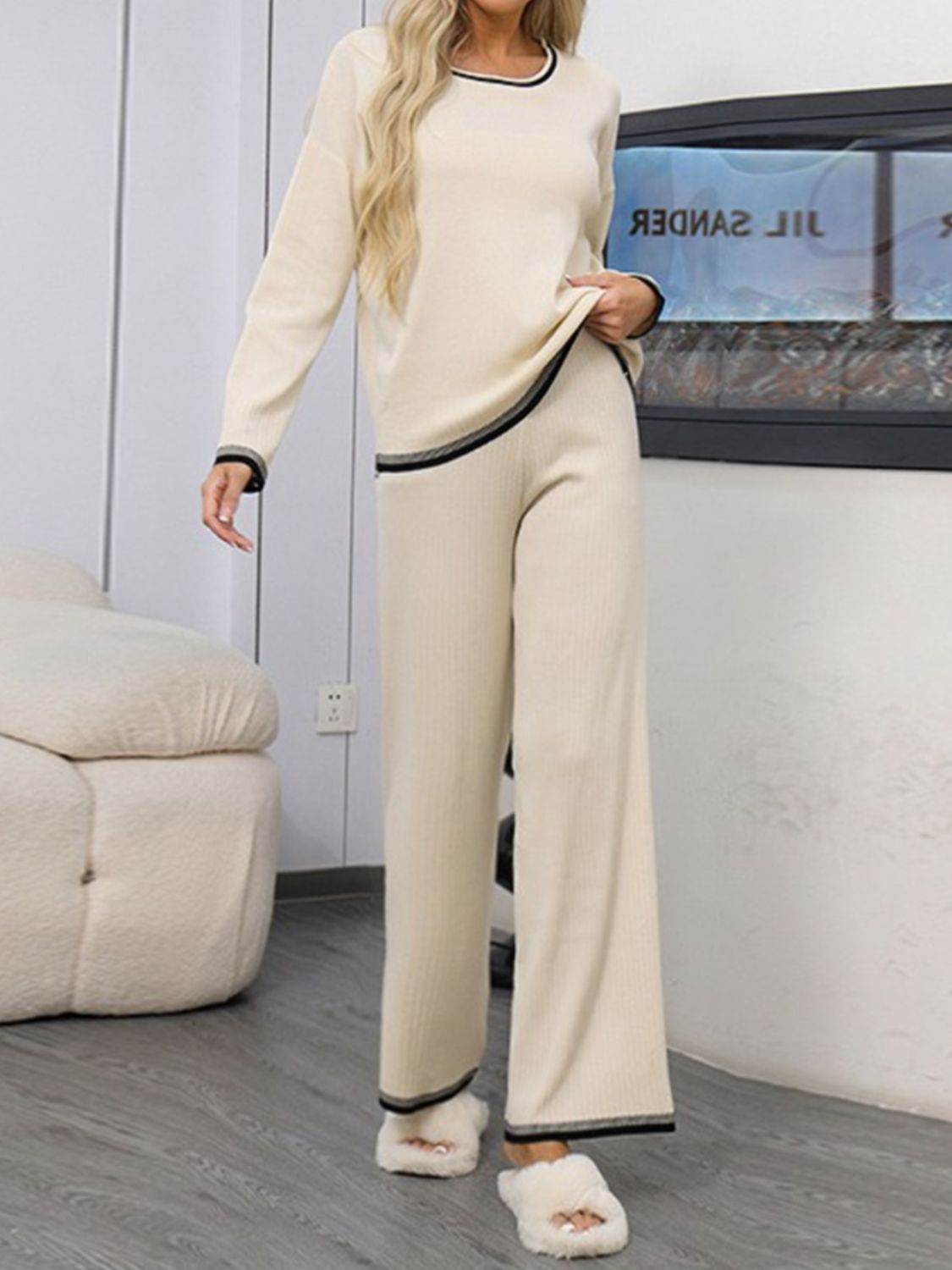 Contrast Trim Round Neck Top and Pants Sweater Set - Delanoir