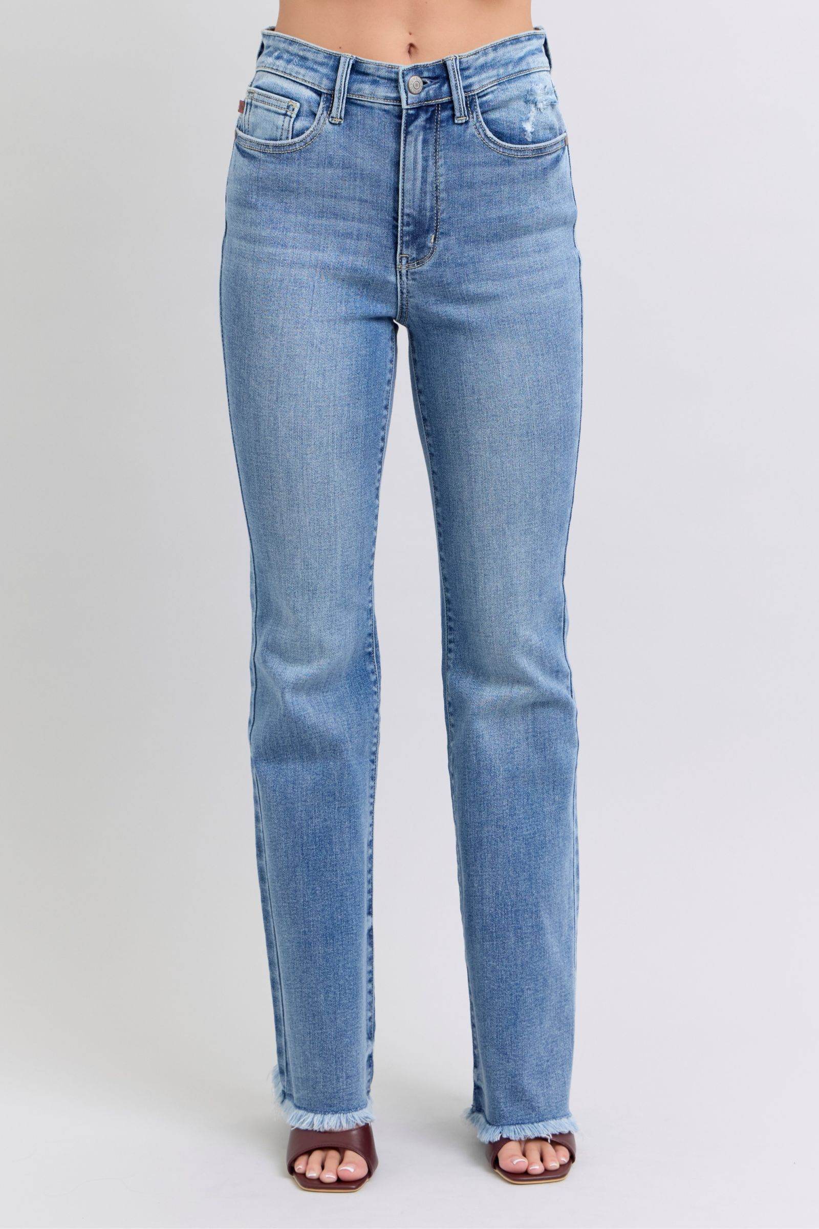 Judy Blue Full Size Raw Hem High Rise Bootcut Jeans - Delanoir