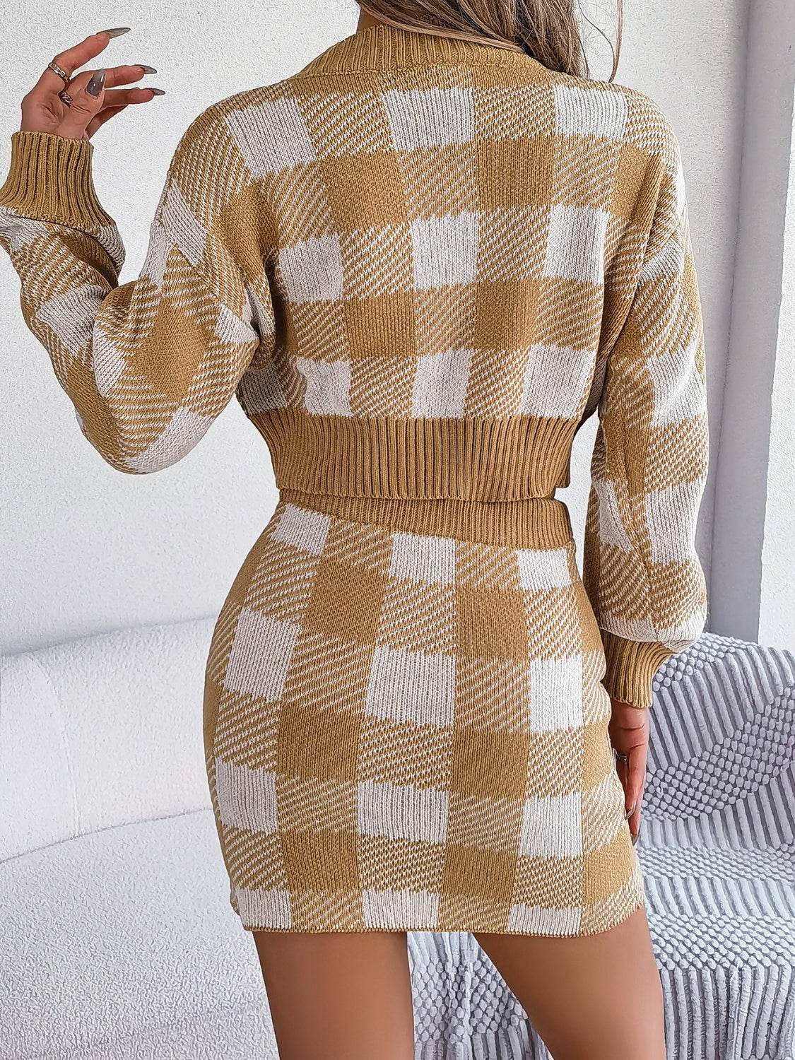 Plaid Round Neck Top and Skirt Sweater Set - Delanoir