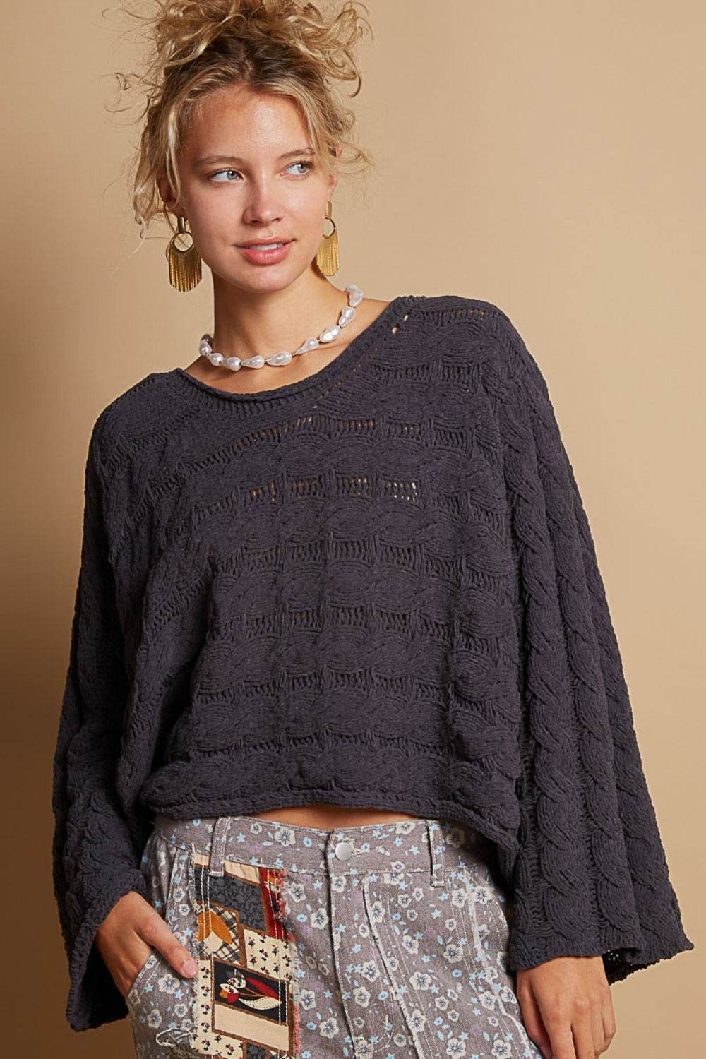 POL Round Neck Cable Knit Cropped Sweater - Delanoir