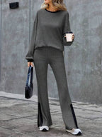 Contrast Round Neck Long Sleeve Top and Bootcut Pants Set - Delanoir