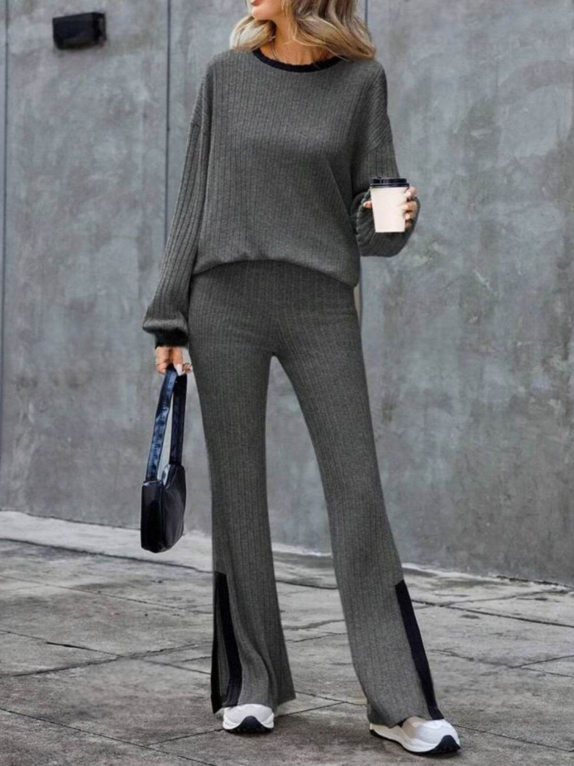 Contrast Round Neck Long Sleeve Top and Bootcut Pants Set - Delanoir
