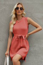 Tied Round Neck Sleeveless Sweater Dress - Delanoir