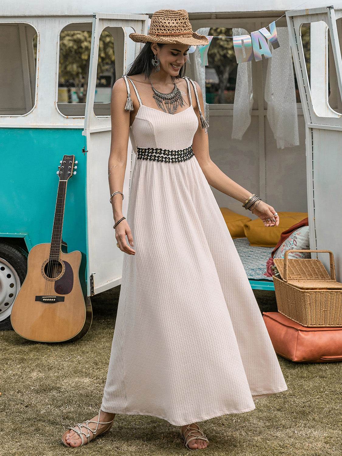 Waffle-Knit Tied Spaghetti Strap Dress - Delanoir