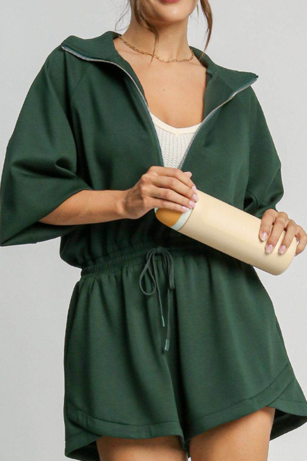 Drawstring Half Zip Long Sleeve Romper - Delanoir