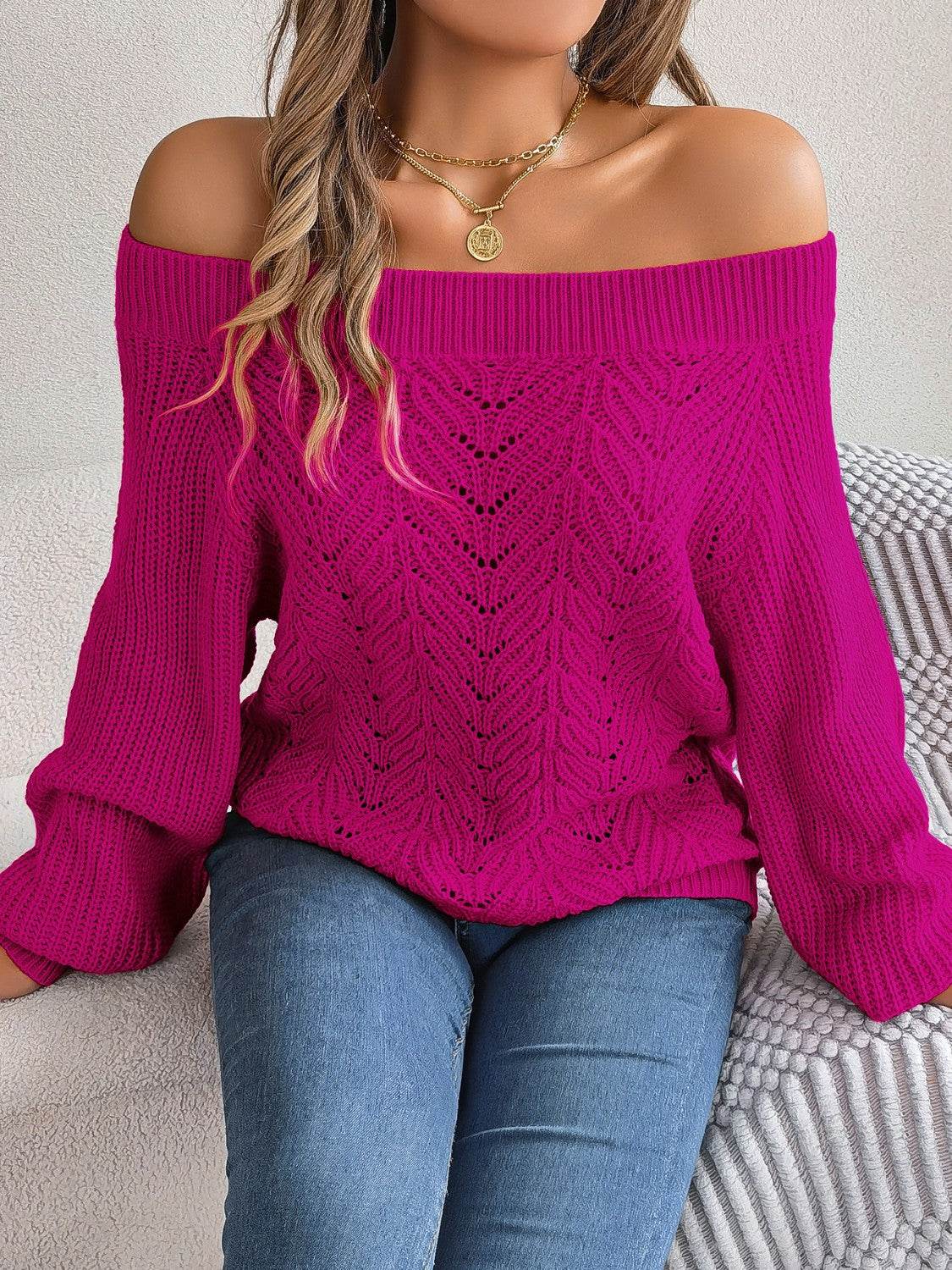 Openwork Off-Shoulder Long Sleeve Sweater - Delanoir