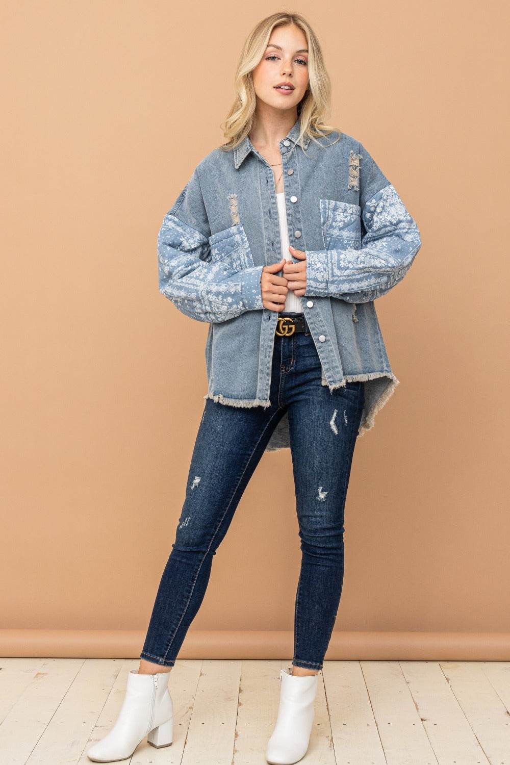 And The Why Full Size Paisley Print Quilted Sleeves Denim Jacket - Delanoir