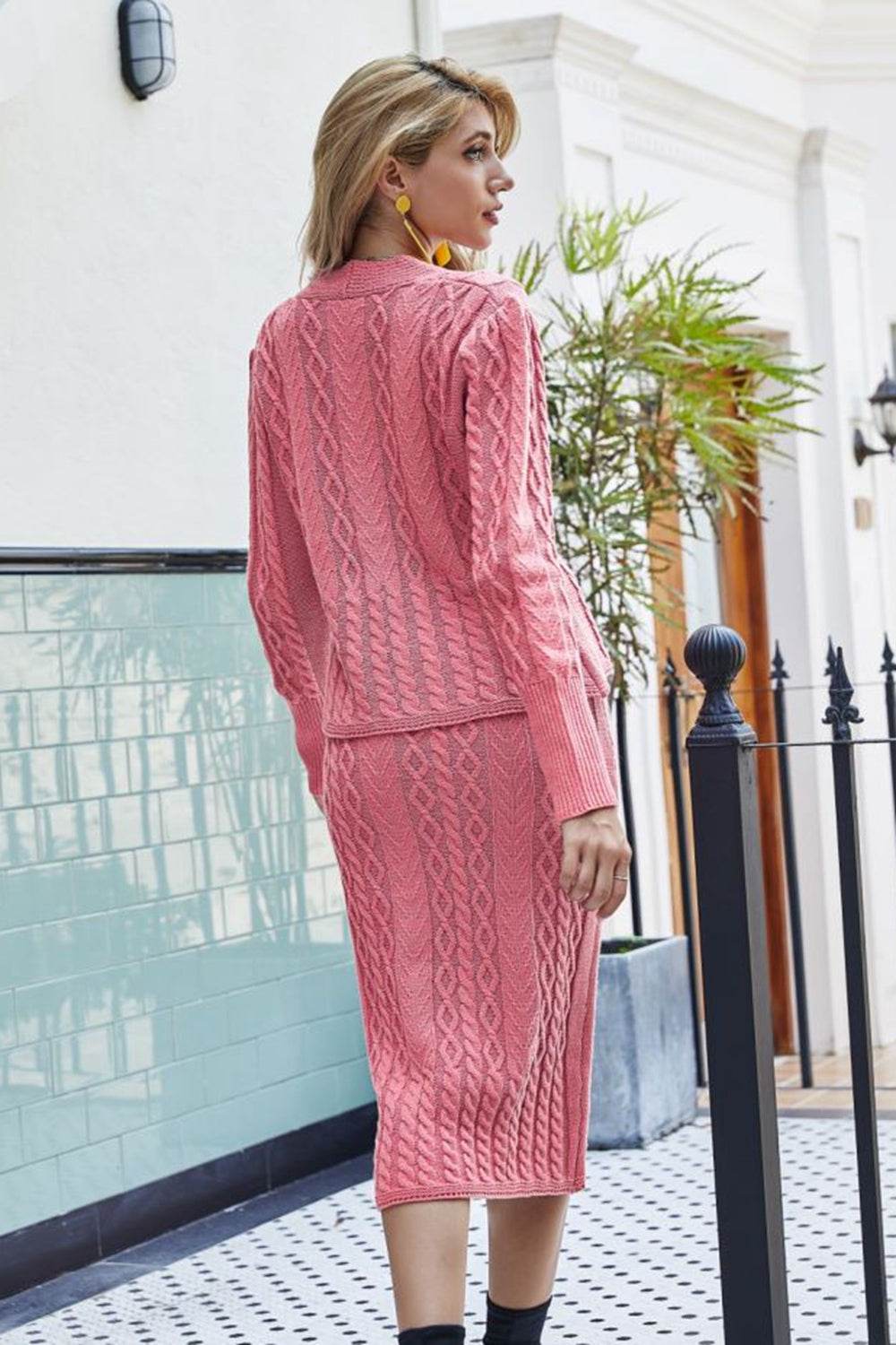 Mixed Knit V-Neck Cardigan and Knit Skirt Set - Delanoir