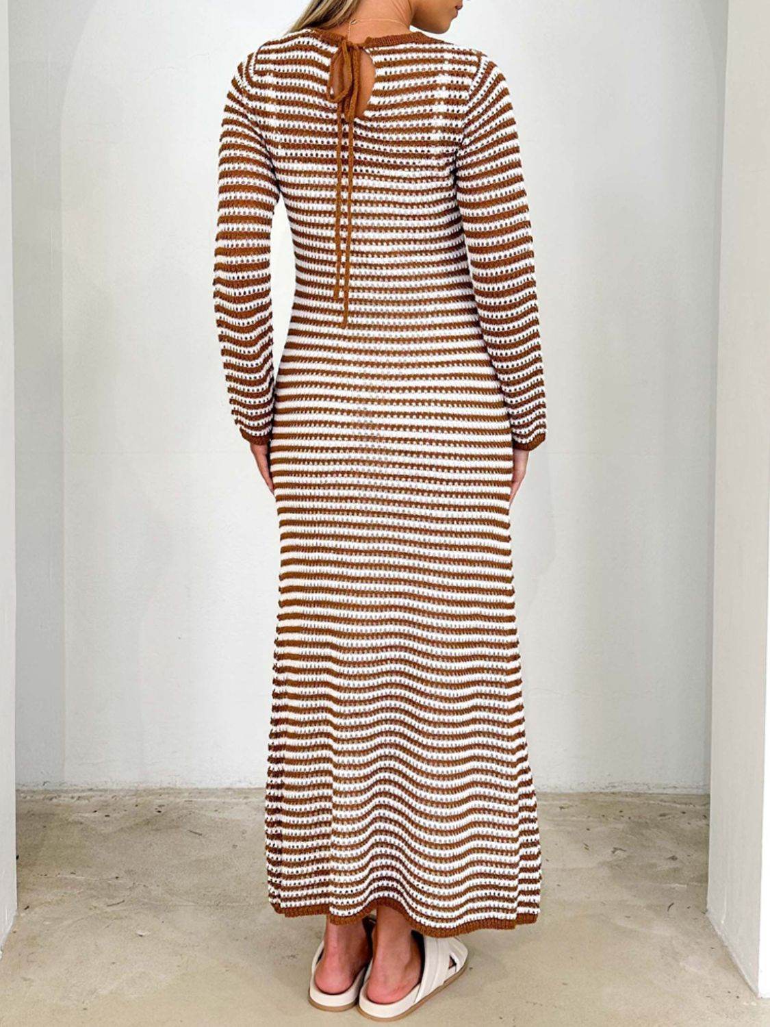 Devine Tied Round Neck Striped Sweater Dress - Delanoir