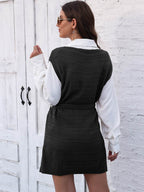 Tie Front V-Neck Sleeveless Slit Sweater Dress - Delanoir