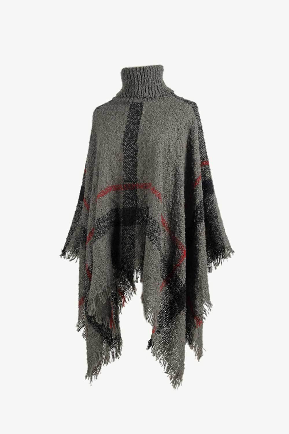 Plaid Turtleneck Raw Hem Poncho - Delanoir