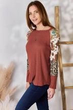 Hailey & Co Full Size Leopard Waffle-Knit Blouse - Delanoir