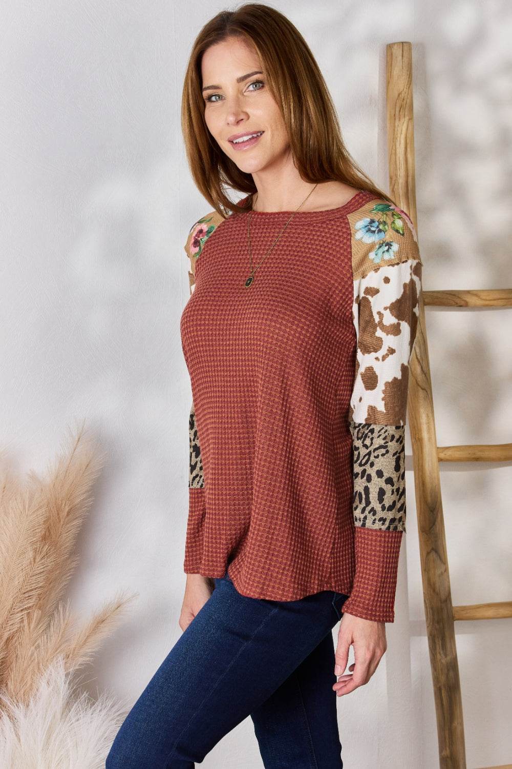Hailey & Co Full Size Leopard Waffle-Knit Blouse - Delanoir