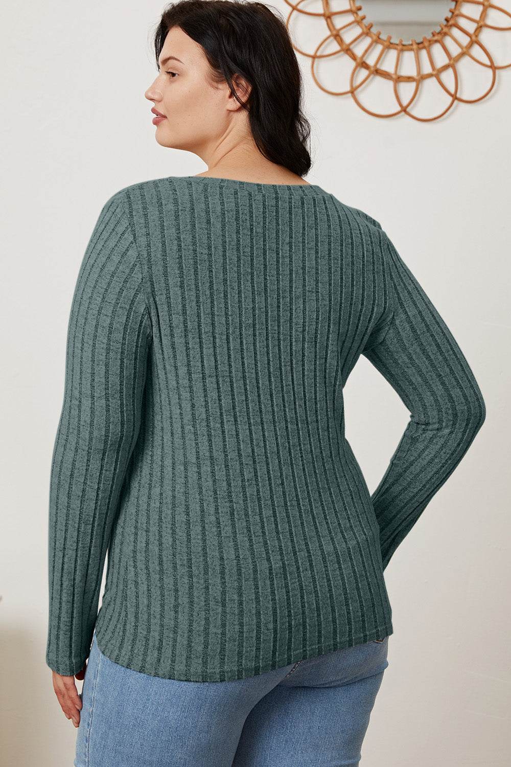 Basic Bae Full Size Ribbed V-Neck Long Sleeve T-Shirt - Delanoir