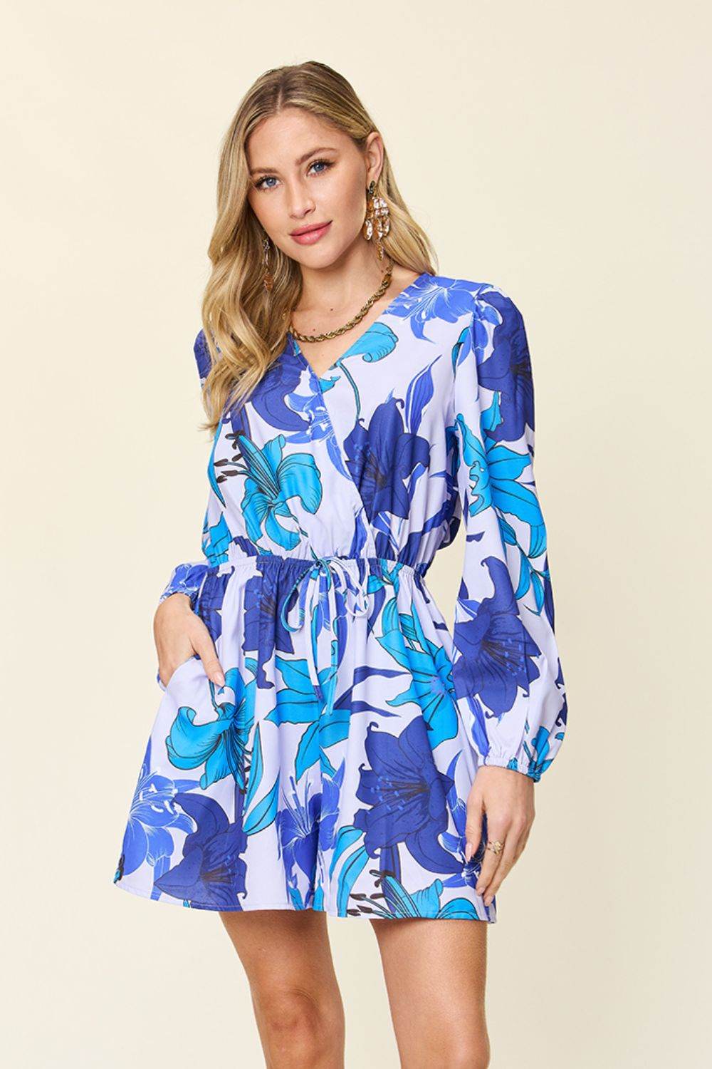 Double Take Full Size Floral Long Sleeve Romper with Pockets - Delanoir