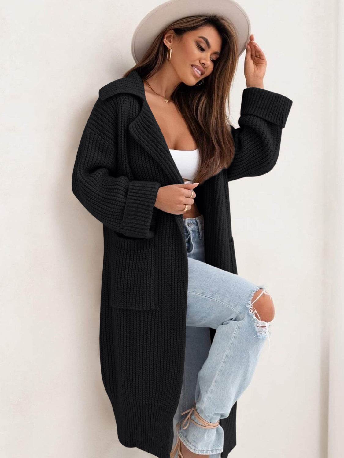Pocketed Collared Neck Dropped Shoulder Cardigan - Delanoir