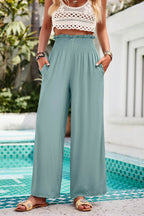 Devine Smocked Wide Leg Pants with Pockets - Delanoir