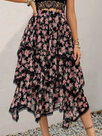 Lace Detail Layered Printed Skirt - Delanoir