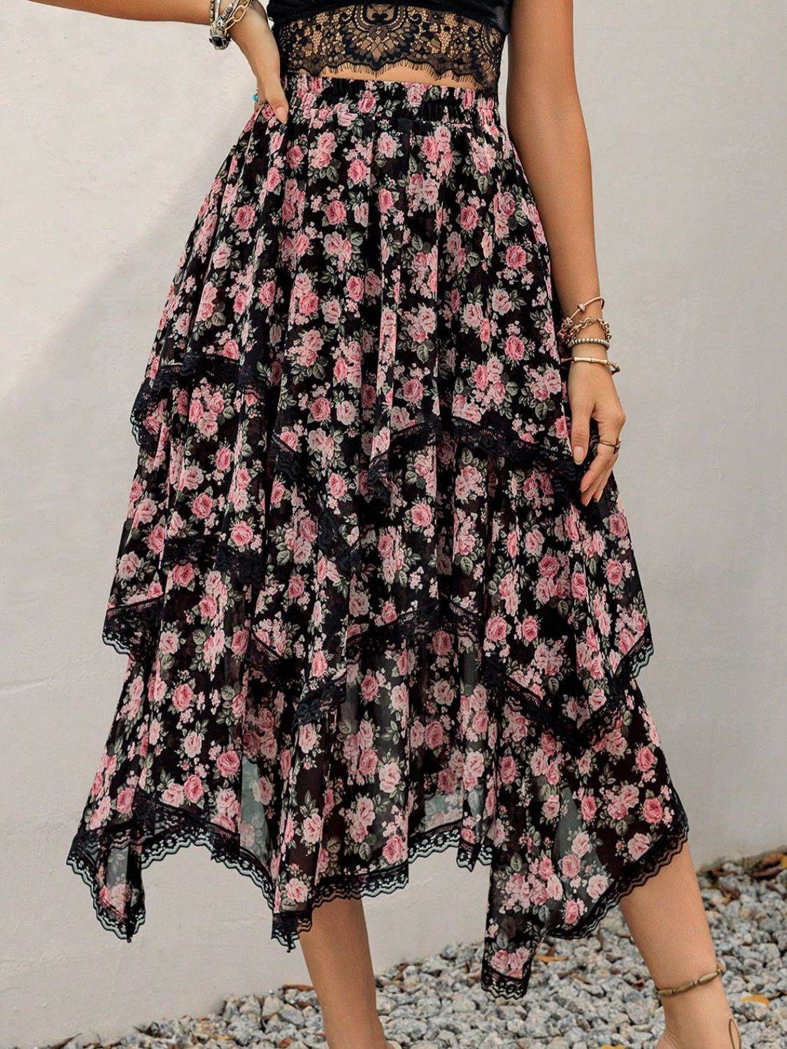 Lace Detail Layered Printed Skirt - Delanoir