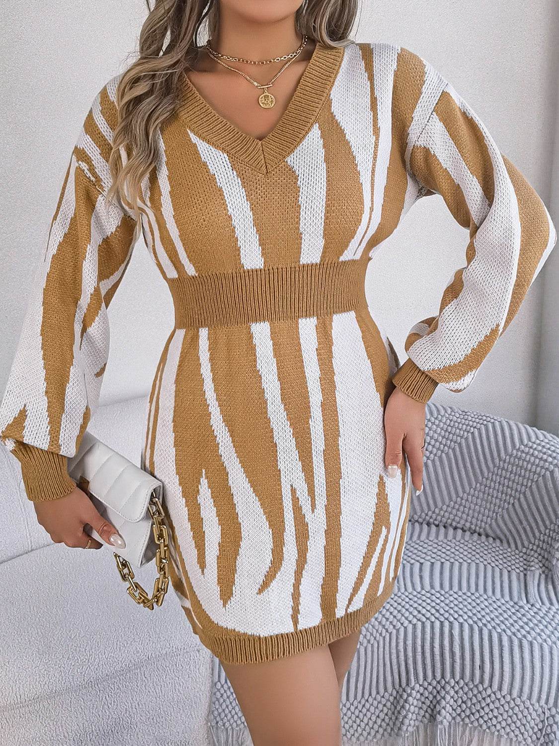 Animal Print V-Neck Long Sleeve Sweater Dress - Delanoir