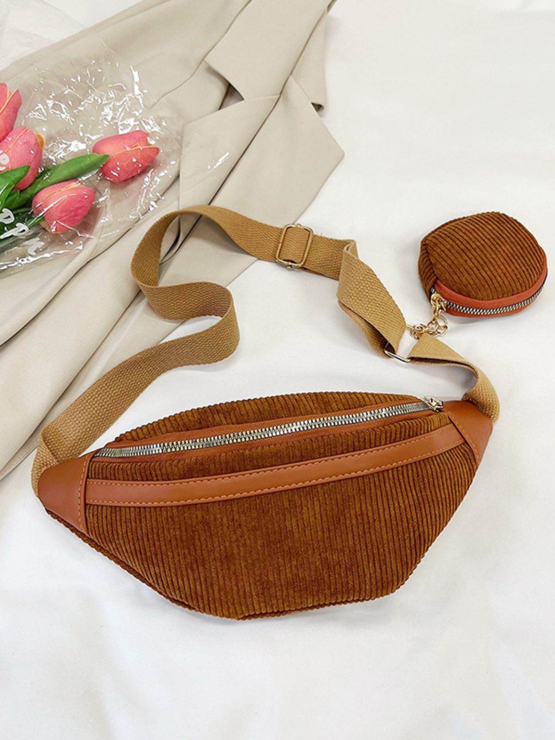 Corduroy Adjustable Strap Crossbody Bag with Pouch - Delanoir