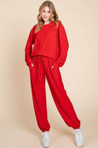 Super Lady Full Size Crinkle Check Round Neck Top and Pants Lounge Set - Delanoir