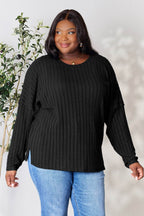 Basic Bae Full Size Ribbed Round Neck Slit Knit Top - Delanoir