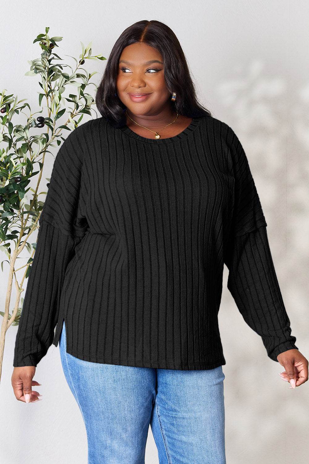 Basic Bae Full Size Ribbed Round Neck Slit Knit Top - Delanoir