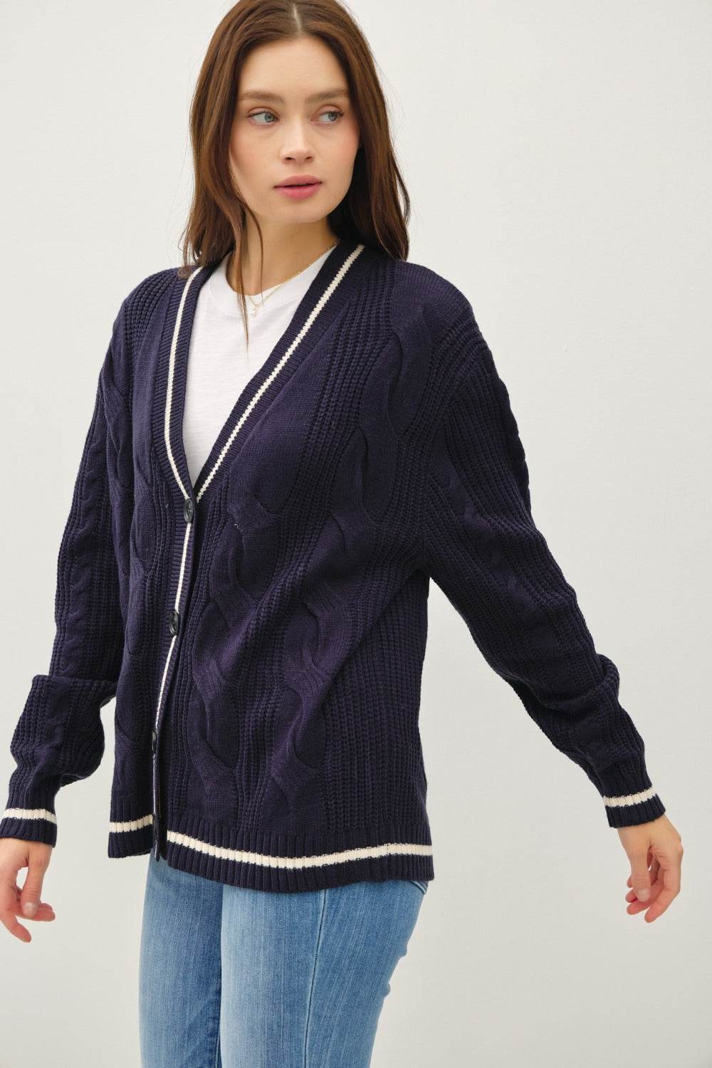 Be Cool Contrast Trim Cable-Knit V-Neck Cardigan - Delanoir