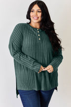 Basic Bae Full Size Ribbed Half Button Long Sleeve High-Low T-Shirt - Delanoir