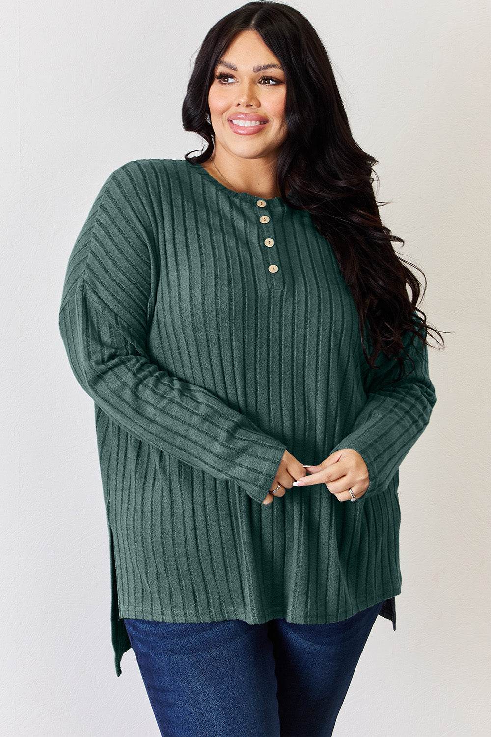 Basic Bae Full Size Ribbed Half Button Long Sleeve High-Low T-Shirt - Delanoir