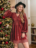 Plus Size Lace Detail V-Neck Long Sleeve Mini Dress - Delanoir