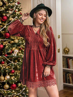 Plus Size Lace Detail V-Neck Long Sleeve Mini Dress - Delanoir