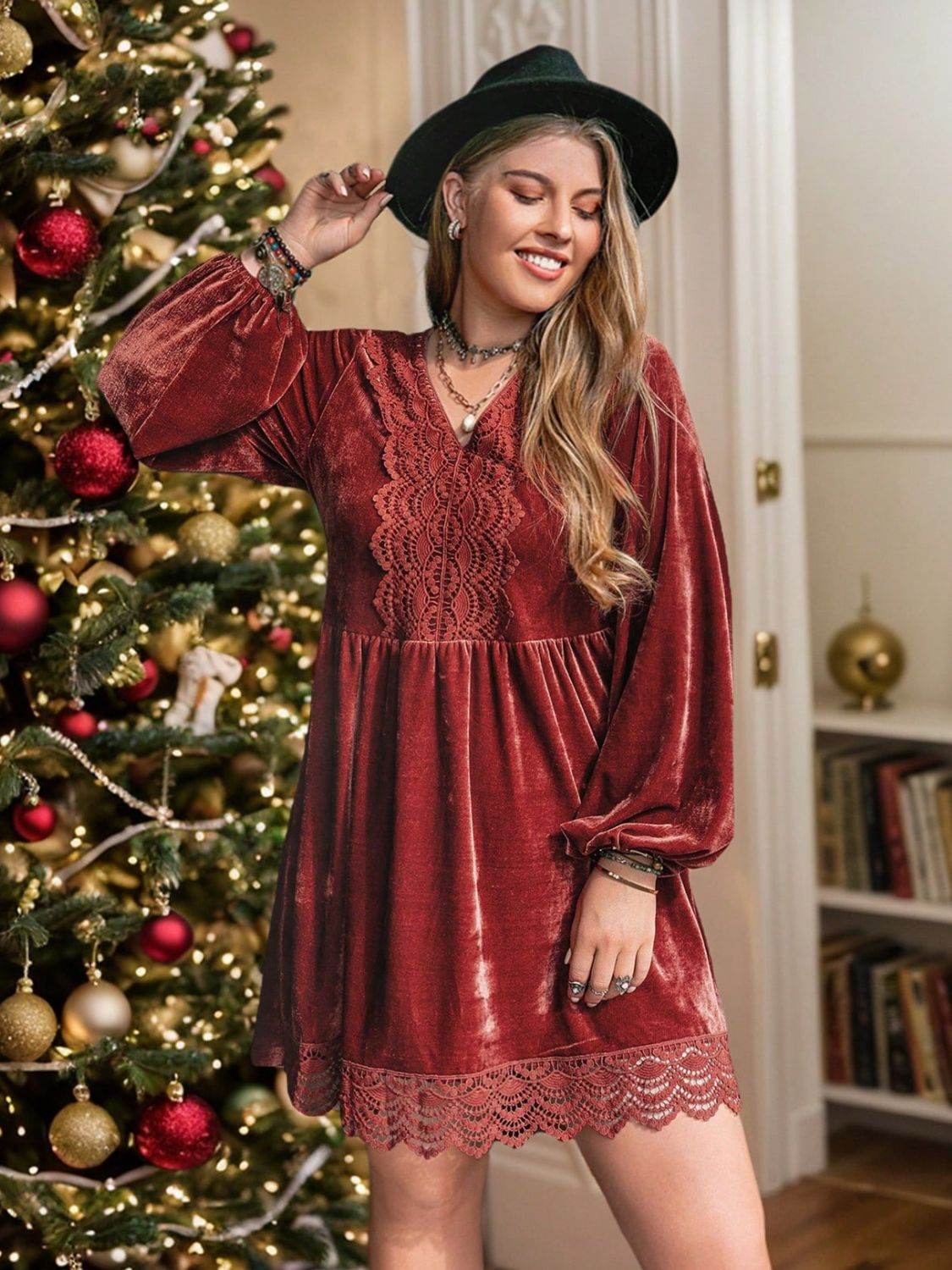 Plus Size Lace Detail V-Neck Long Sleeve Mini Dress - Delanoir