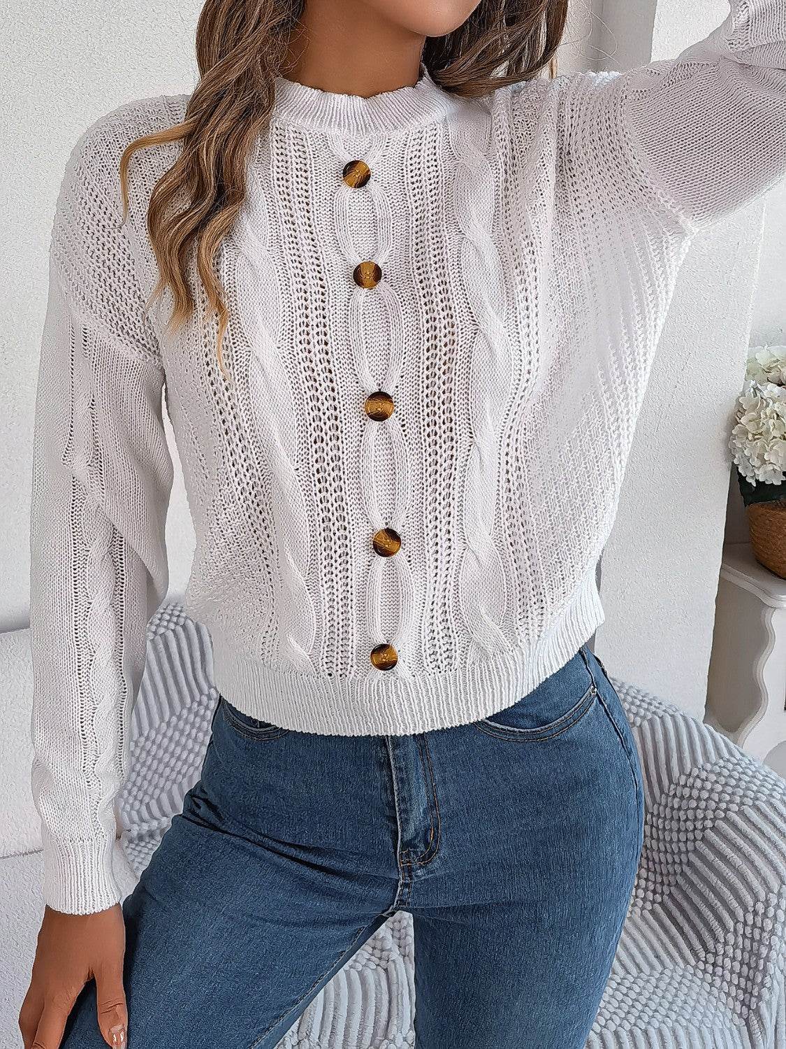 Cable-Knit Buttoned Round Neck Sweater - Delanoir