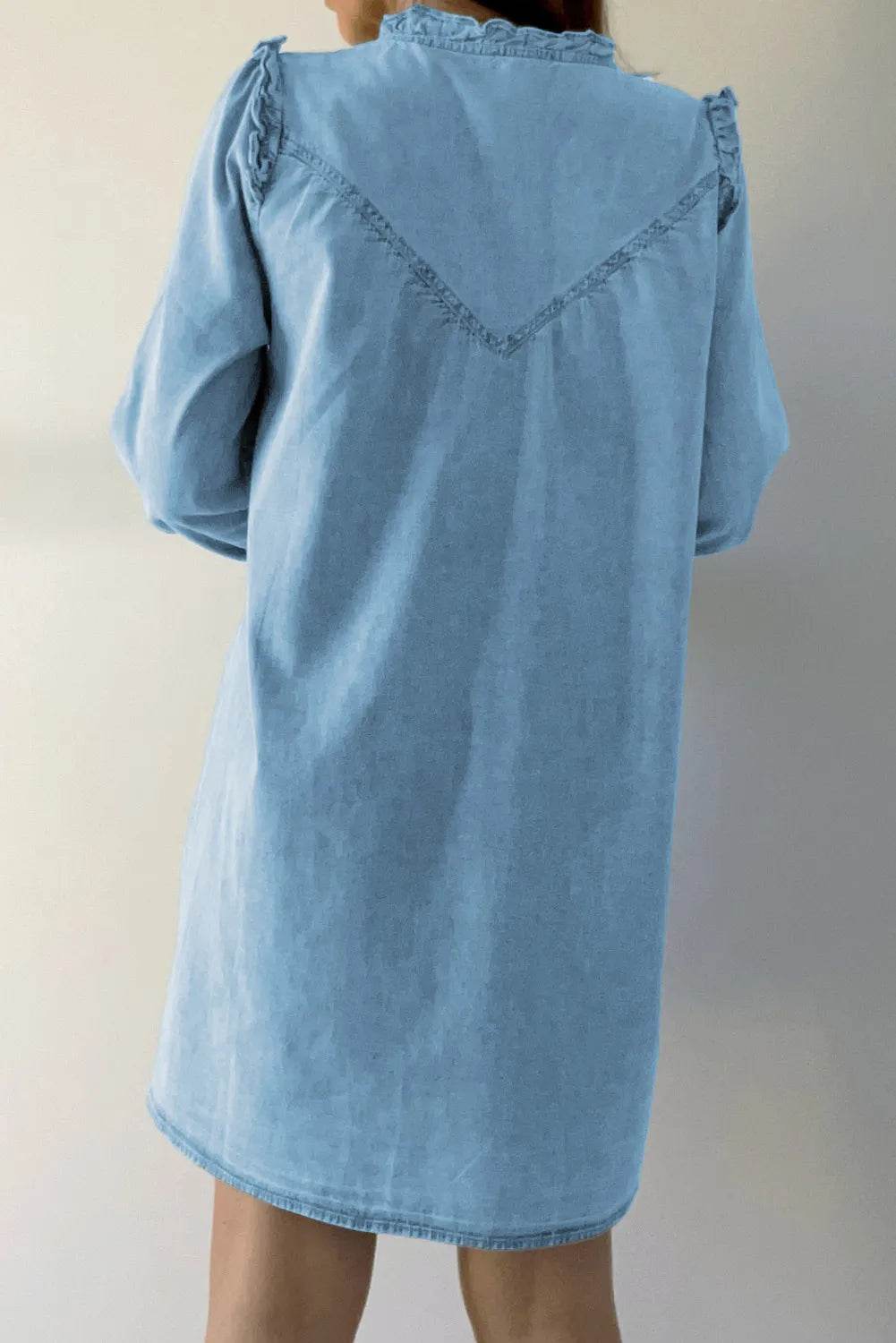 Button Up Notched Long Sleeve Denim Dress - Delanoir