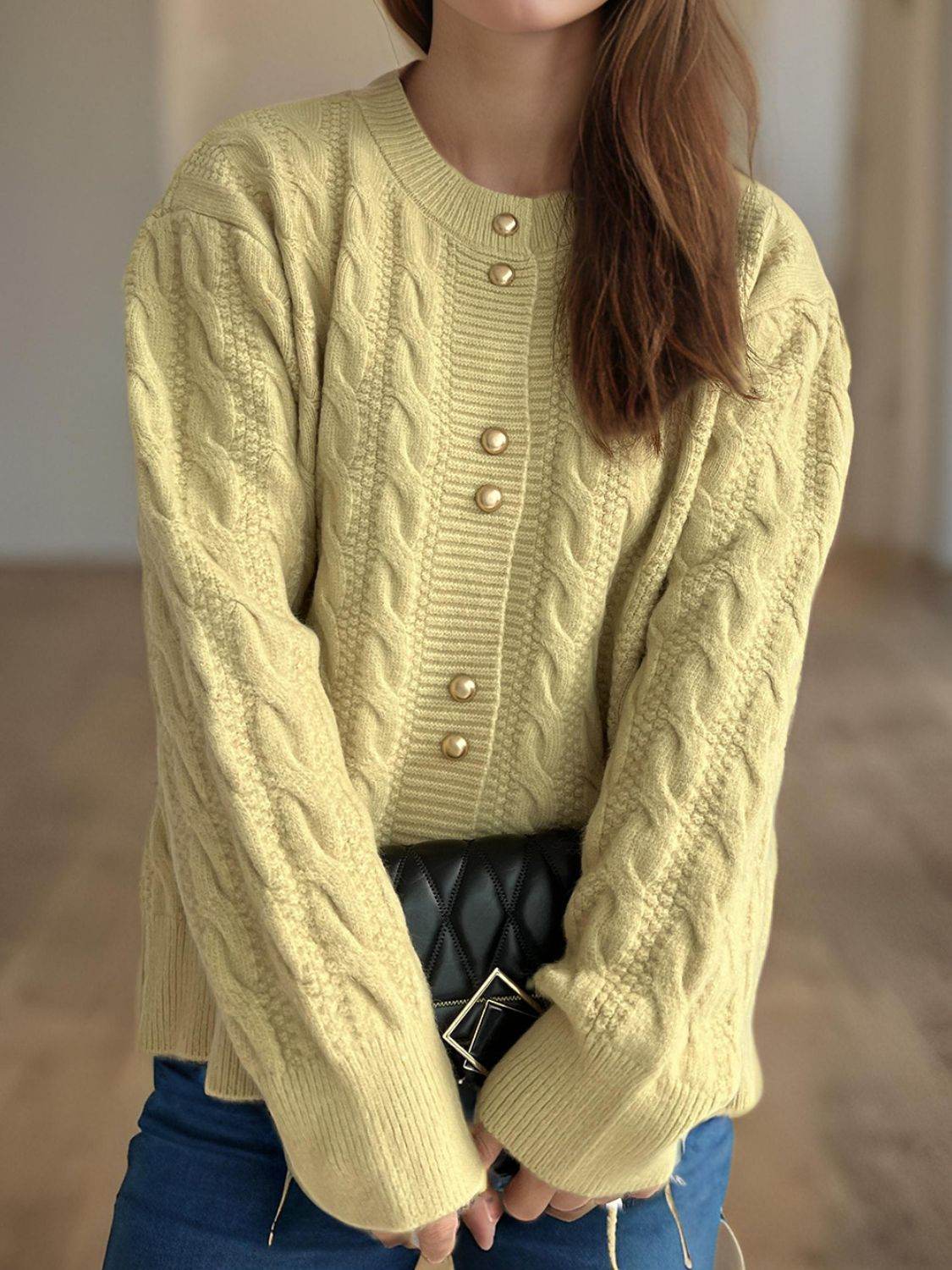 Cable-Knit Round Neck Long Sleeve Cardigan - Delanoir