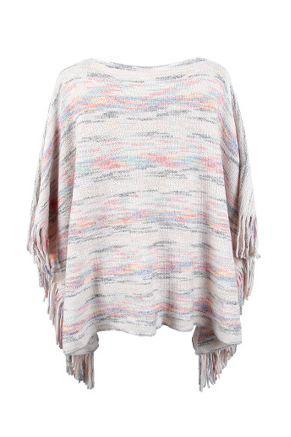 Round Neck Fringe Detail Sleeve Poncho - Delanoir