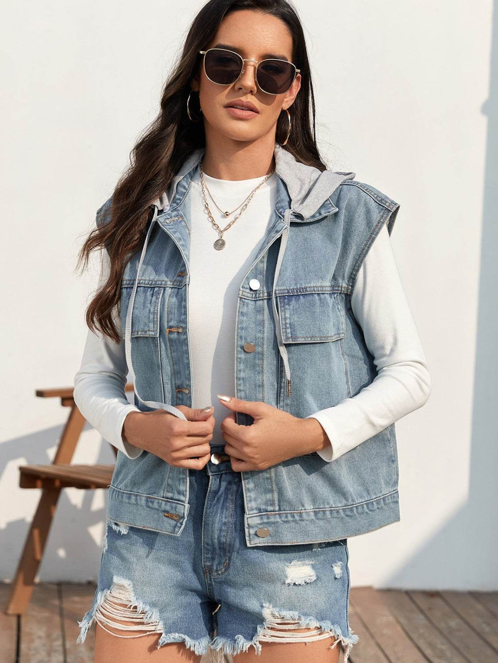 Drawstring Button Up Sleeveless Denim Jacket - Delanoir