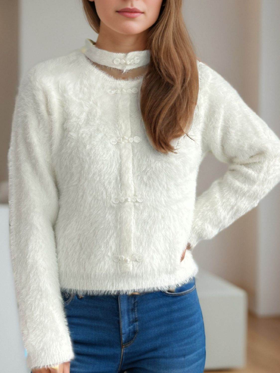 Cutout Knot Button Long Sleeve Cardigan - Delanoir