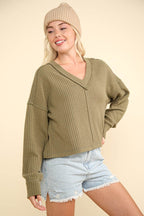 VERY J Exposed Seam V-Neck Ribbed Knit Top - Delanoir