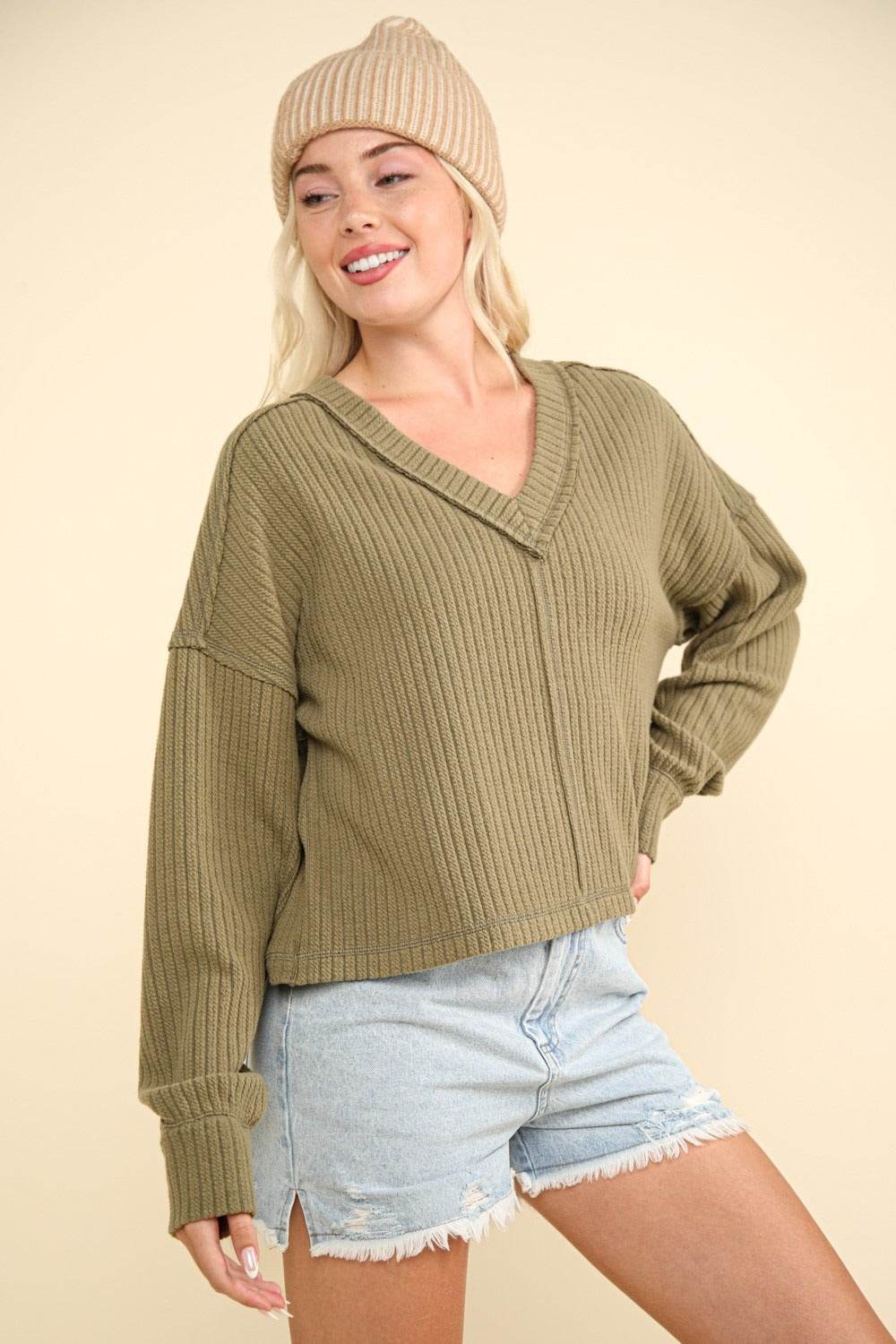 VERY J Exposed Seam V-Neck Ribbed Knit Top - Delanoir