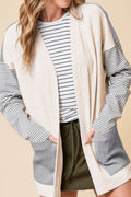 Open Front Long Sleeve Striped Cardigan with Pockets - Delanoir