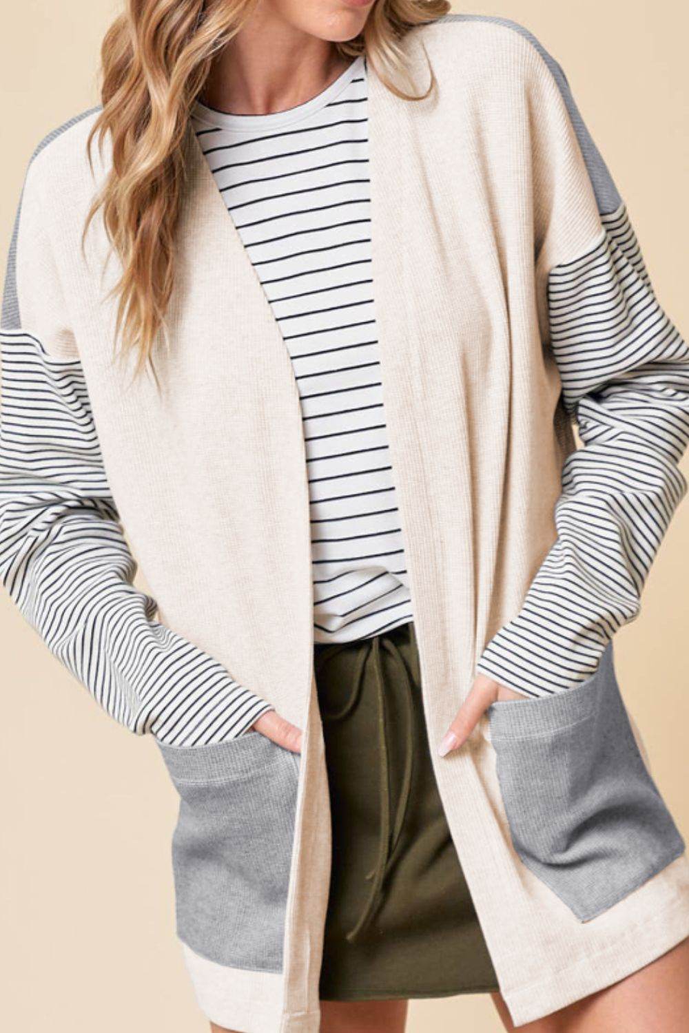 Open Front Long Sleeve Striped Cardigan with Pockets - Delanoir