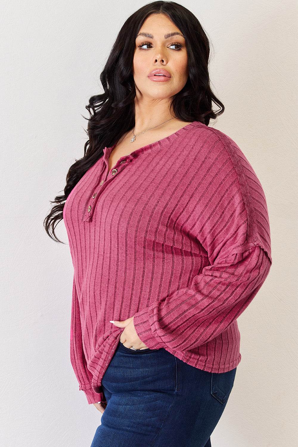 Basic Bae Full Size Ribbed Half Button Long Sleeve High-Low T-Shirt - Delanoir