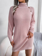 Decorative Button Turtleneck Sweater Dress - Delanoir