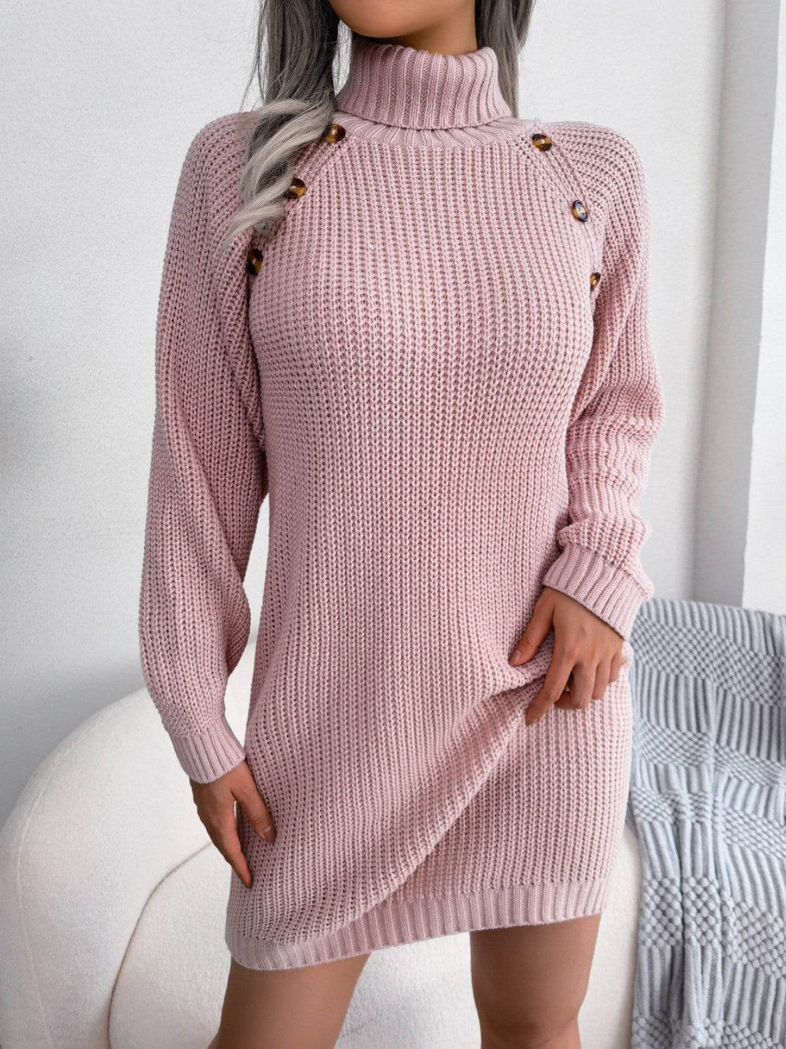 Decorative Button Turtleneck Sweater Dress - Delanoir