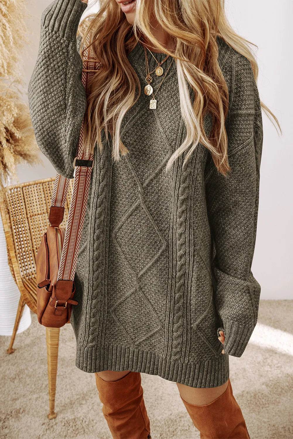 Cable-Knit Round Neck Sweater Dress - Delanoir